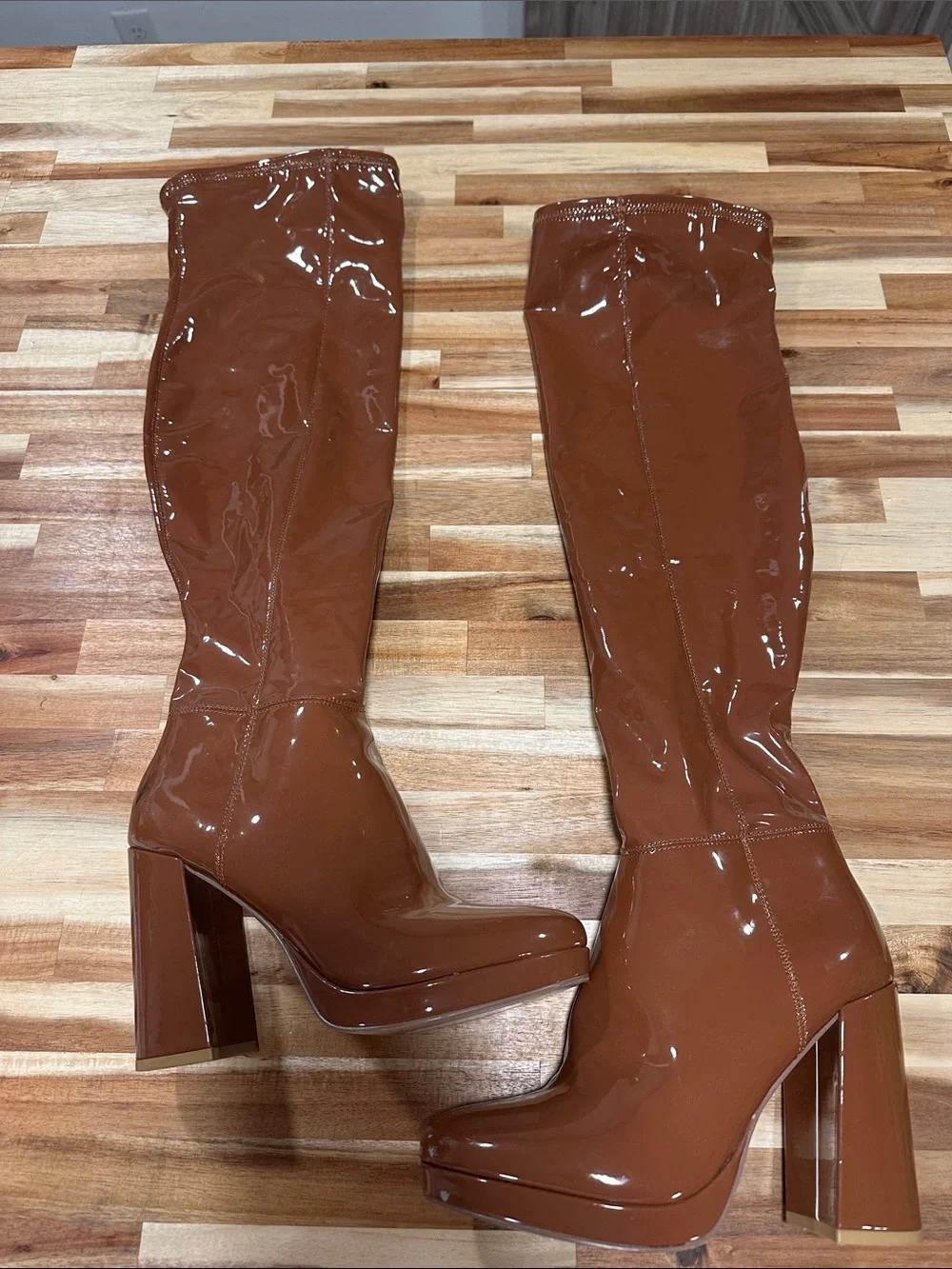 Steve Madden Patent Over-the-Knee Platform Boots in Cognac Brown 470